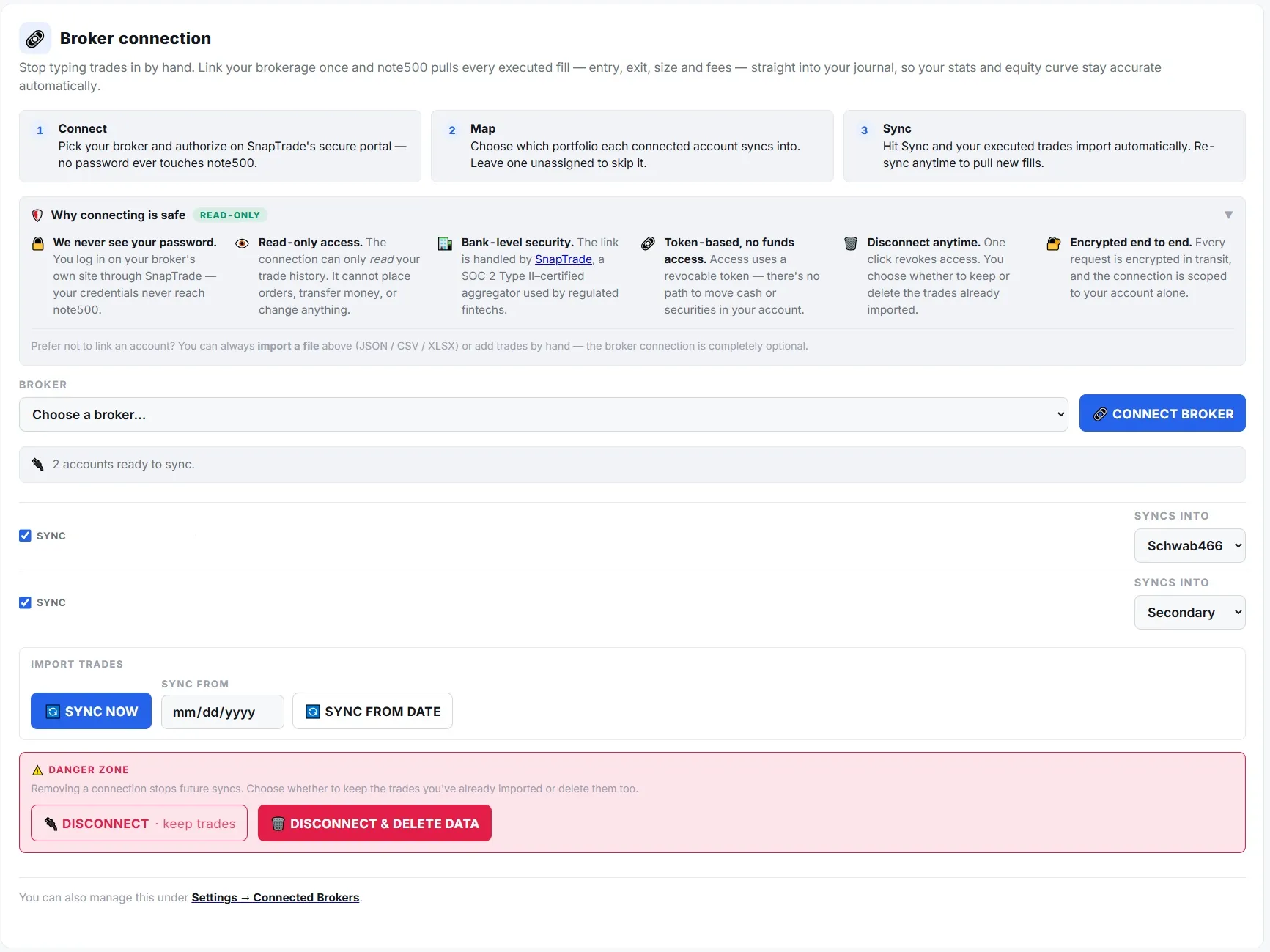 The note500 broker connection: a three-step connect, map and sync flow via SnapTrade, with read-only, no-password safety notes and per-account sync toggles.