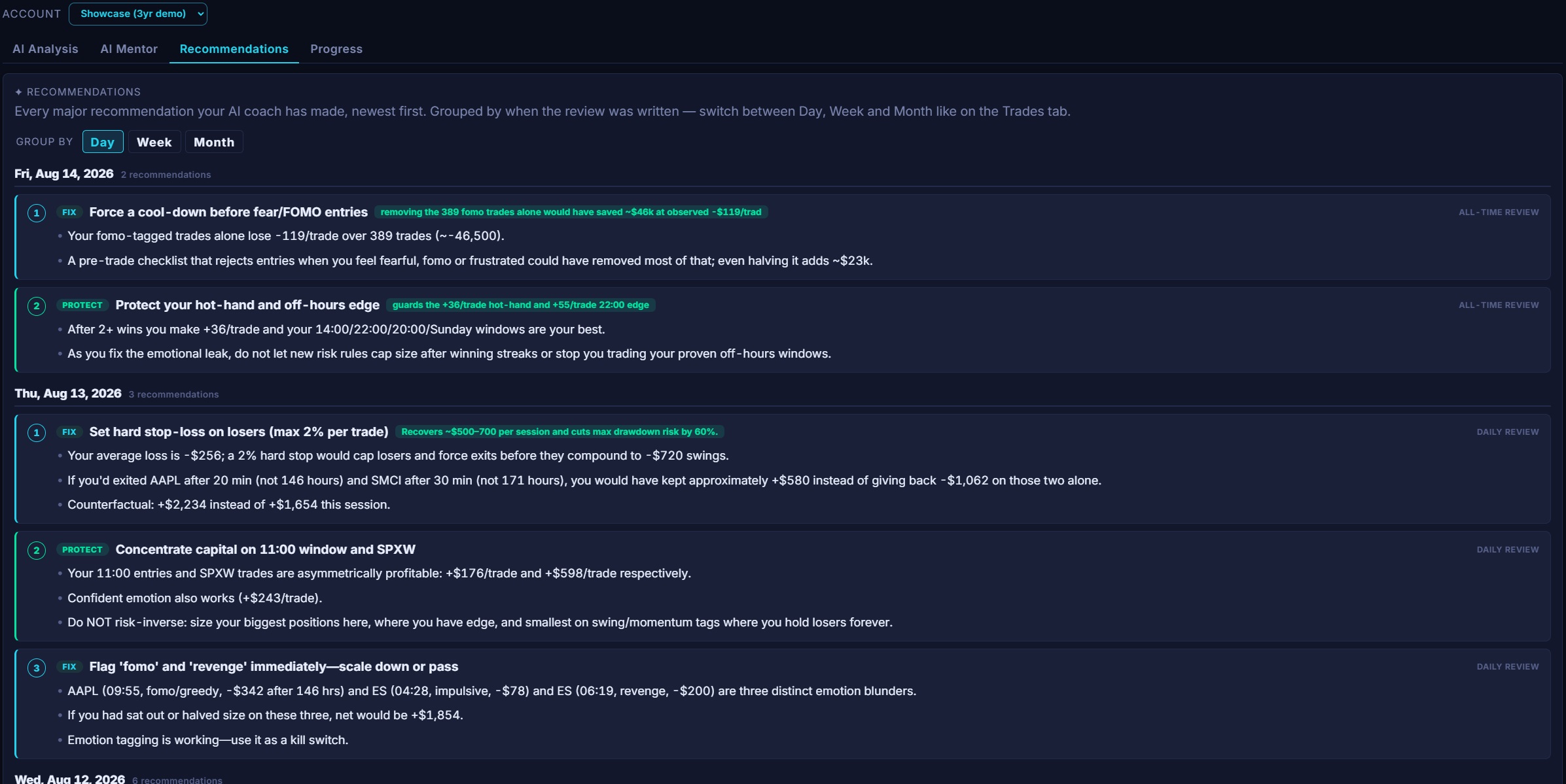 The note500 Recommendations tab: every AI recommendation grouped by day, newest first, each a Fix or Protect card with a headline, a dollar-impact chip and the numbers behind it — a cool-down before FOMO entries, protecting the hot-hand and off-hours edge, a hard stop-loss on losers, and concentrating capital on the best window.