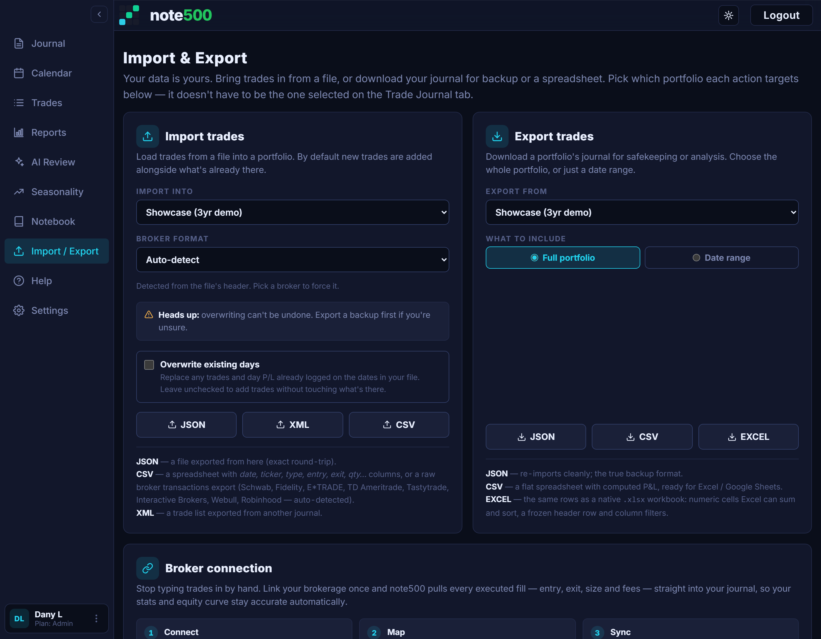 The note500 import and export panel: import JSON, XML or CSV with broker auto-detect, and export the full portfolio to JSON, CSV or Excel.