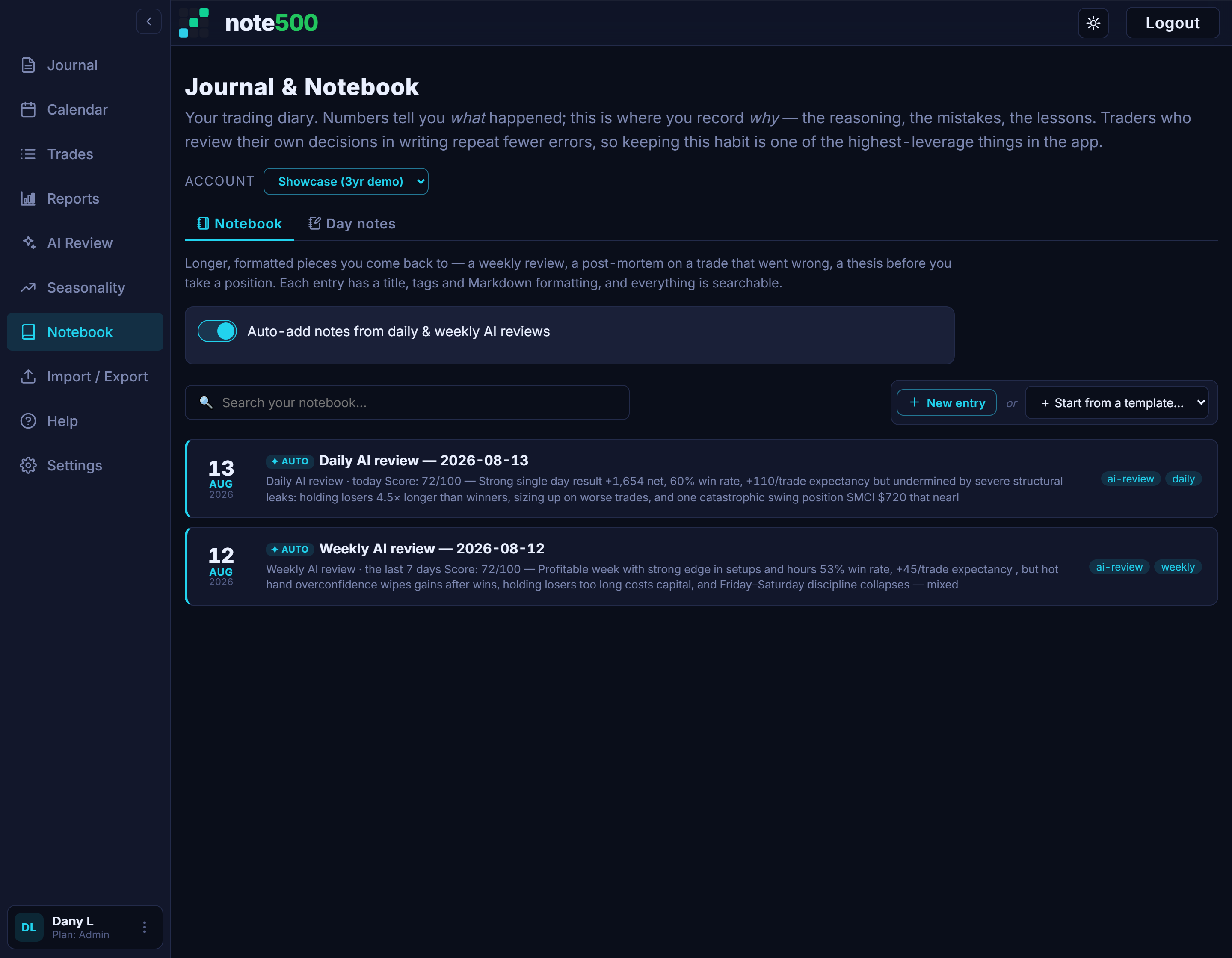 The note500 notebook: longer Markdown entries like weekly reviews and post-mortems, each with a title, tags and full-text search.